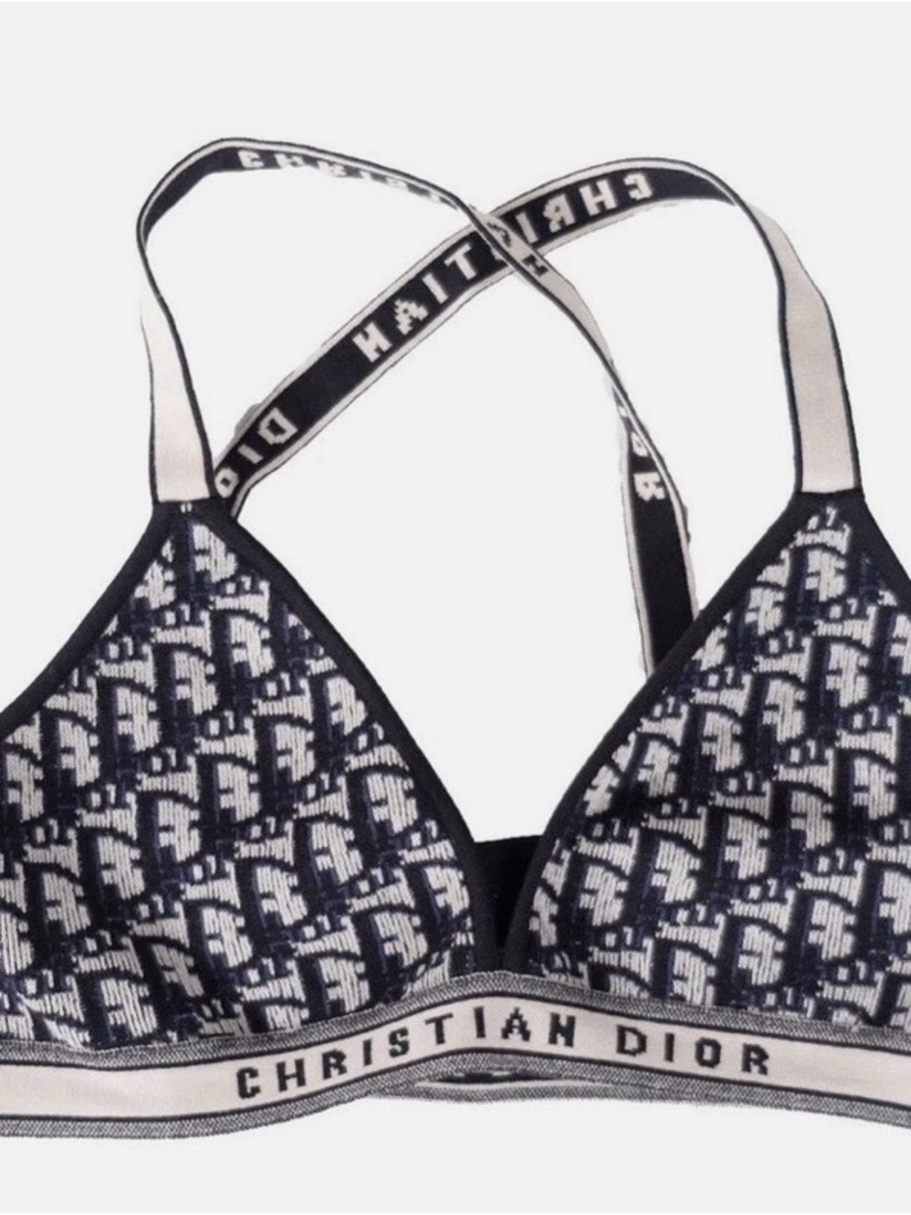 Dior Navy and White Logo Knit Triangle Bralette